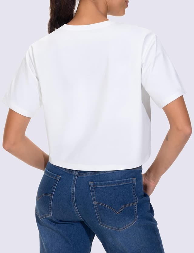 Detalle de THE GYM PEOPLE Haut court d’entraînement à manches courtes pour femme – coupe ample, polyester à séchage rapide