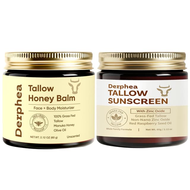 Detalle de DERPHEA Tallow Honey Balm & Tallow Sunscreen — moisturizing tallow balm with zinc sunscreen for mature skin