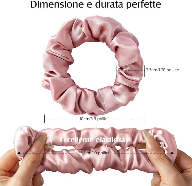 Detalle de Set di 3 scrunchies in seta Umisleep (100% seta di gelso) senza impronte, rosa + nero + champagne