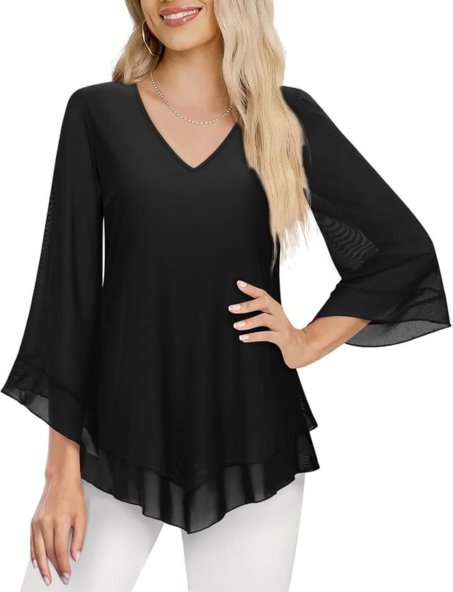 Detalle 2 de Gemulate Ruffle 3/4 Sleeve Chiffon Mesh Tunic Top for Women (V-neck, double-layer)