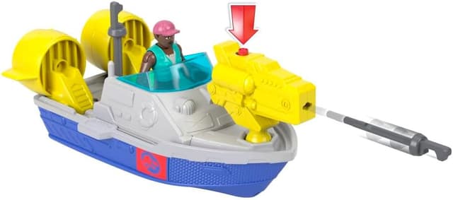 Detalle de Fisher-Price Imaginext Jurassic World Rebirth Aquachomp Mosasaurus playset (18-inch) with 3-inch action figure, launcher boat & projectiles