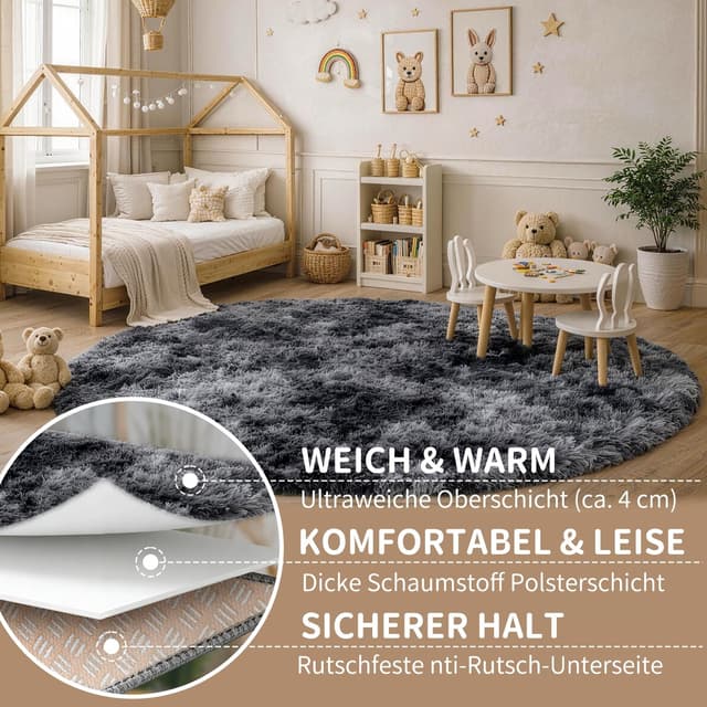 Detalle de VOFUSHON Hochflor-Teppich rund 150 cm dunkelgrau, waschbar & rutschhemmend