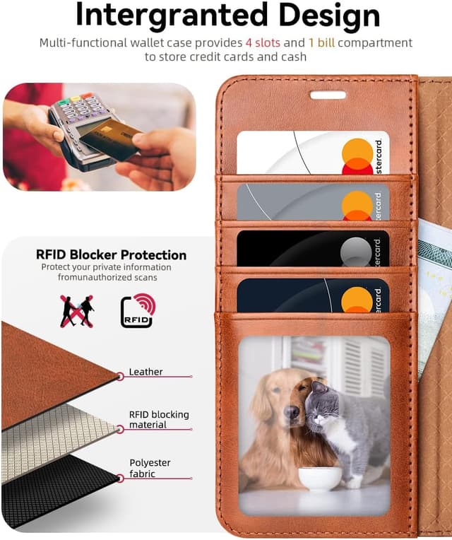 Detalle de OCASE Kompatible Hülle für Samsung Galaxy S25 Plus 5G – klappbare Lederhülle mit Magnetverschluss, RFID & Kartenfächern (hellbraun)
