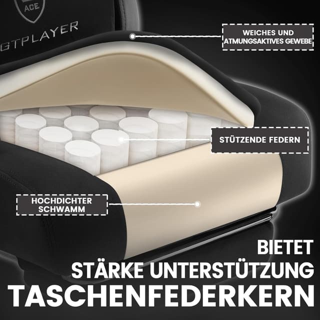 Thumbnail 6 de GTPLAYER Gaming Stuhl mit Stoffbezug, verstellbaren Armlehnen und Fußstütze (bis 150 kg) – dunkelschwarz