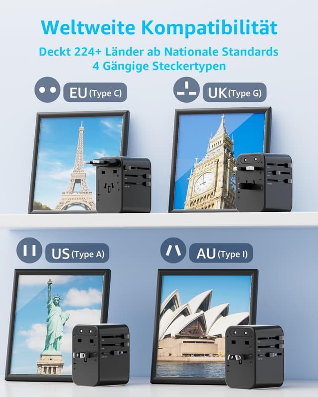 Thumbnail 6 de decqle Reiseadapter Weltweit mit 2× USB‑C, 1× USB‑A & Universal‑Steckdose für EU/UK/US/AU (Schwarz)