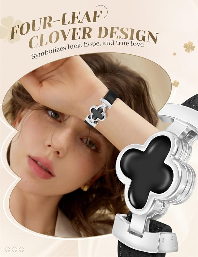 Detalle 2 de MOINSPIRE Designer Slim Leather Magnetic Watch Bands for Women (Four-Leaf Clover)