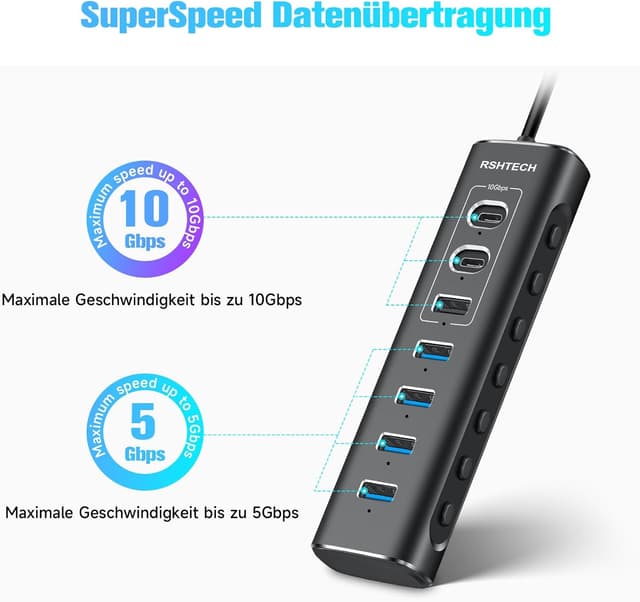 Detalle 2 de RSHTECH RSH-A107C 7‑Port USB‑C Hub mit Netzteil 🔌