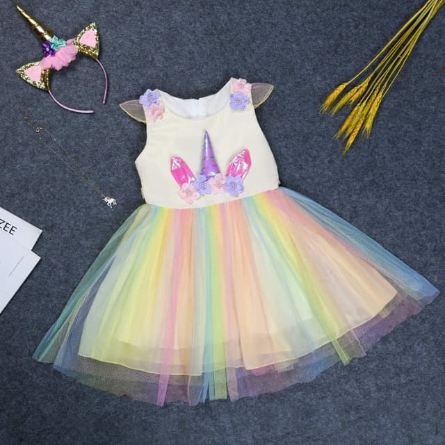 Detalle 2 de URAQT Mädchen Prinzessin Kleid Einhorn-Design (100 cm) mit Halskette und Stirnband – Karneval & Party
