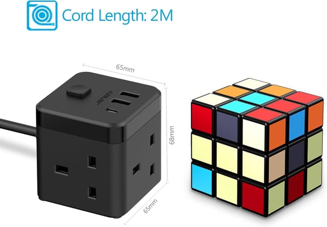 Detalle 1 de JSVER Cube Extension Lead with 3 USB Ports (5V/2.4A) and 3 AC Outlets, 200cm Cable – Black