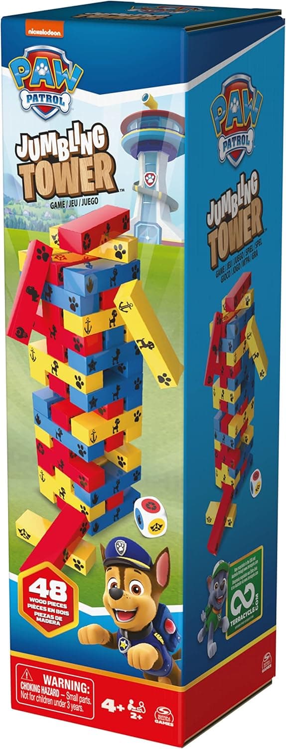 Detalle 2 de Paw Patrol Pat Patrouille – Tour Infernale : jeu de société d’équilibre à construire (48 blocs et 1 dé)