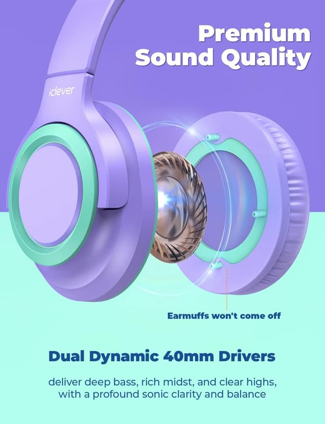 Detalle 2 de iClever 2 Pack Kids Wired Headphones (85dBA volume limit) – foldable, adjustable headband