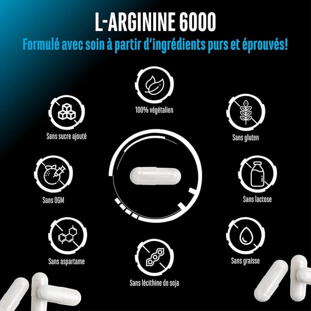 Detalle de German Elite Nutrition L-Arginin 380 gélules véganes – 6000 mg de L-arginine HCl par portion quotidienne