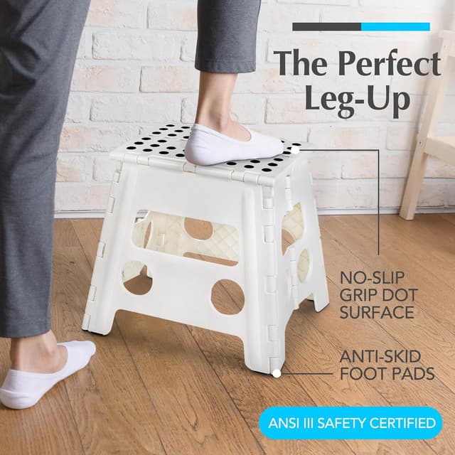 Detalle de Handy Laundry Folding Lightweight Step Stool (White, 13 inch) — 300 lb capacity, gripped surface, easy one-flip open