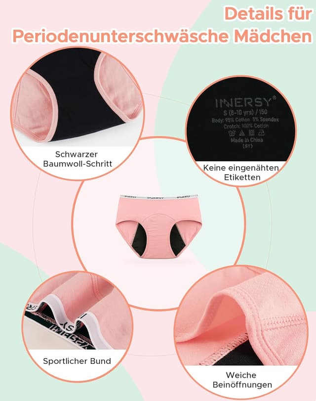 Detalle de INNERSY Menstruationsunterwäsche für Mädchen (3er Pack) aus Baumwolle – Periodenslips für Schule & Sport