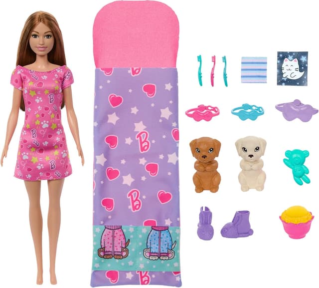 Detalle de Barbie Spielset „Welpen-Pyjama-Party“ (HXN01) mit Puppe, 2 Spielzeughunden und über 10 Zubehörteilen