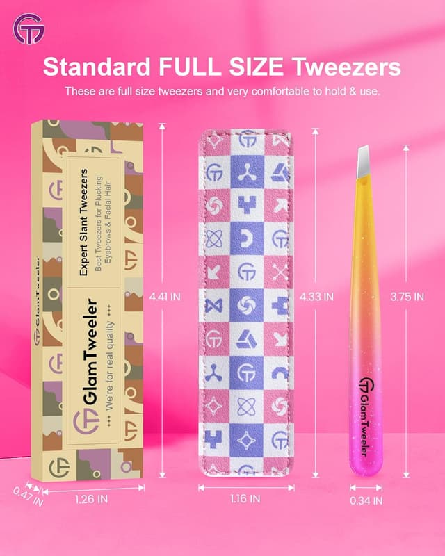 Thumbnail 6 de GlamTweeler Expert Eyebrow Hair Removal Tweezer with Leather Case (Sparkle Fuchsia & Yellow) – Slant Tip Stainless Steel