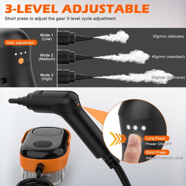 Detalle de Koutop Steam Cleaner for Home & Car Portable Handheld Steamer with 3-Level Handle, 15s Heat-Up, 16 Accessories