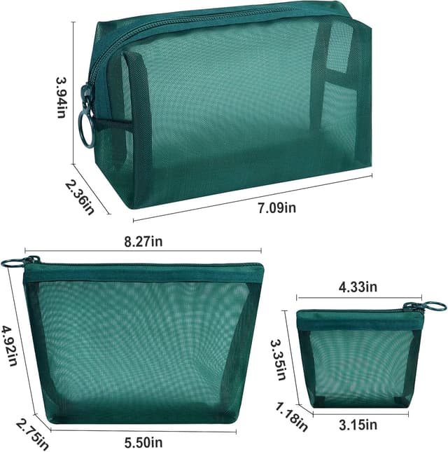 Detalle de Aosbos 3-pack Mesh Makeup Bag Set (3 sizes, green) – travel and everyday toiletry pouches