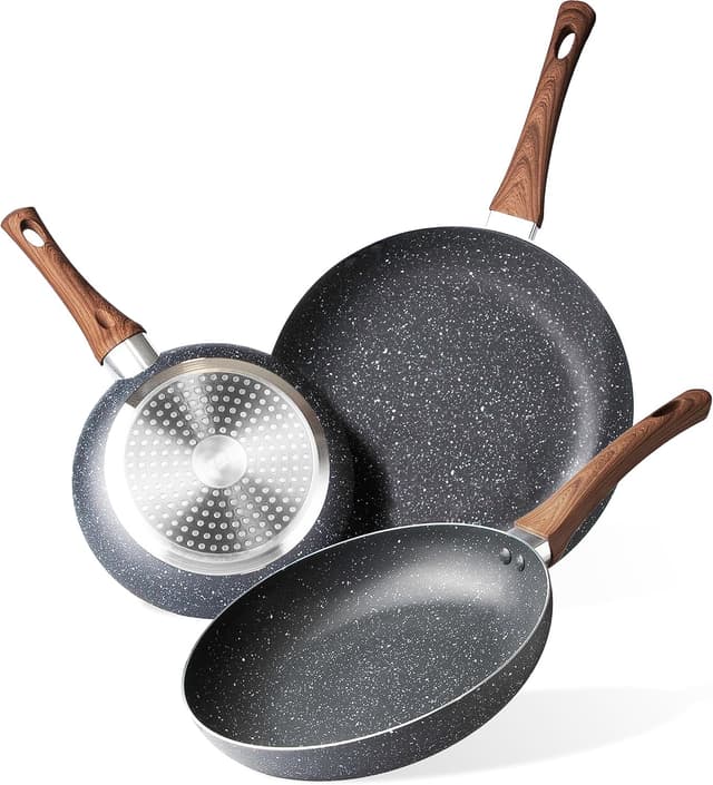Detalle de nuovva Induction Hob Pan Set (3-Piece) – 20cm, 24cm & 28cm Marble Non-Stick Frying Pans