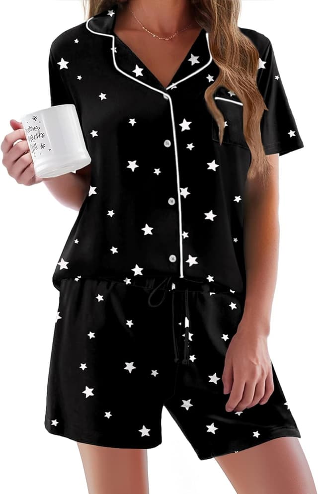 Thumbnail 6 de Ekouaer Damen Schlafanzug Kurzarm-Set mit Knöpfen, V-Ausschnitt, Taschen – zweiteiliges Lounge-/Pyjama-Set