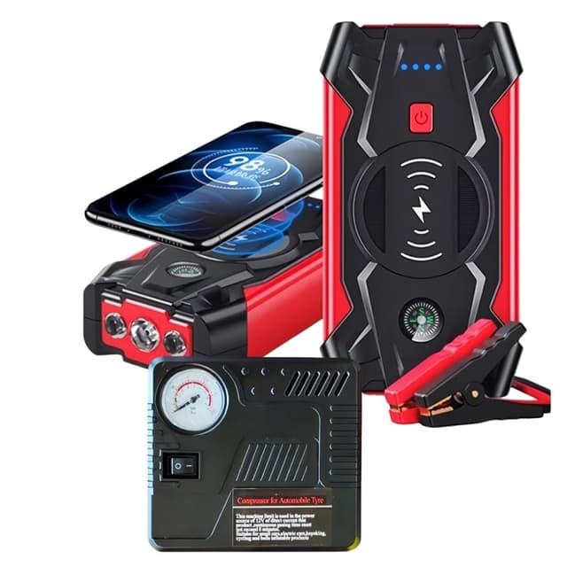 Detalle de Klack Q-X7: kit de arranque portátil de batería de coche con bomba de aire y 26.000 mAh