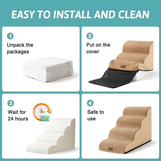 Detalle 2 de Cozy Kiss Dog Stairs for High Bed (22.6" H) – 5 Tiers, Leakproof Cover, High-Density Foam Pet Steps, Light Brown