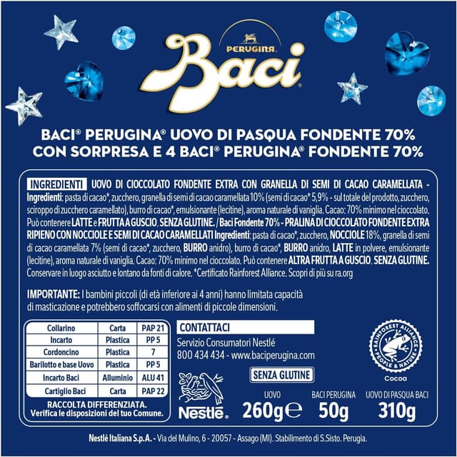 Detalle 2 de Baci Perugina Uovo di Pasqua 2026 Fondente 70% con sorpresa Swarovski e 4 cioccolatini da 310 g