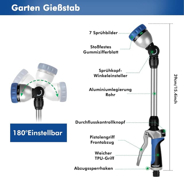 Detalle 2 de RESTMO Garten-Gießstab Metall 42 cm mit 180° schwenkbarem Kopf und 7 Sprühbildern (Blau)