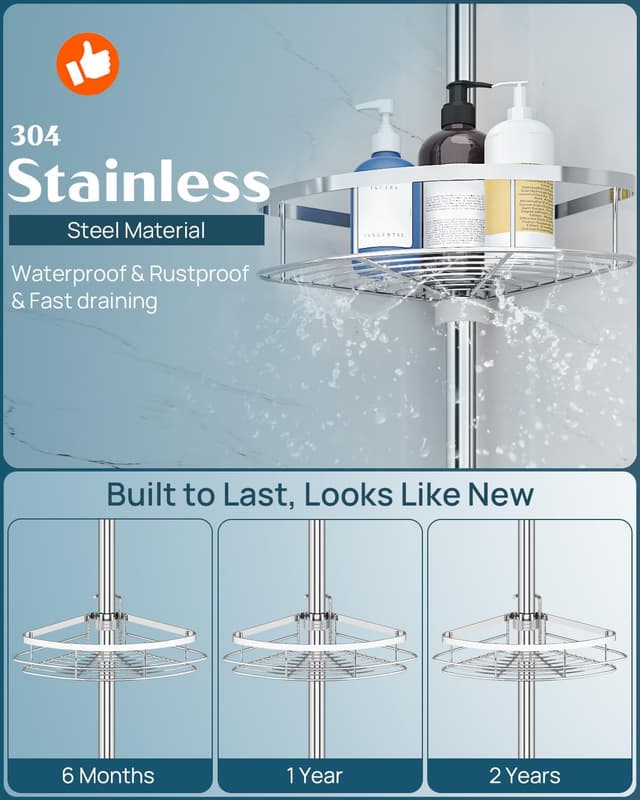 Detalle de SEIRIONE Rustproof Shower Corner Caddy Organizer with Tension Pole, 4 Adjustable Shelves