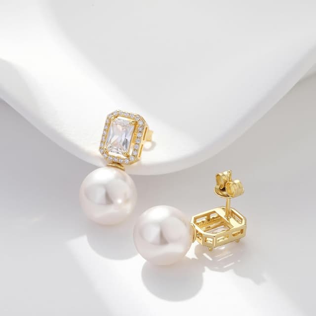 Detalle de jiamiaoi Perlenohrringe aus Silber 925 mit 18 Karat Weißgold-Positionierung und 4A+ Zirkonia