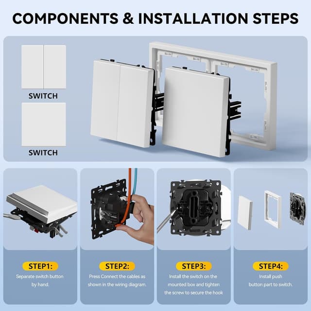 Detalle de BSEEDLIFE Unterputz-Lichtschalter 1-fach 2-Wege mit PC-Rahmen, weiß (Modern Wandschalter)