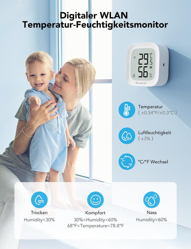 Detalle de GoveeLife WLAN Hygrometer Thermometer für innen – Digitales Temperatur- und Luftfeuchtemessgerät mit App