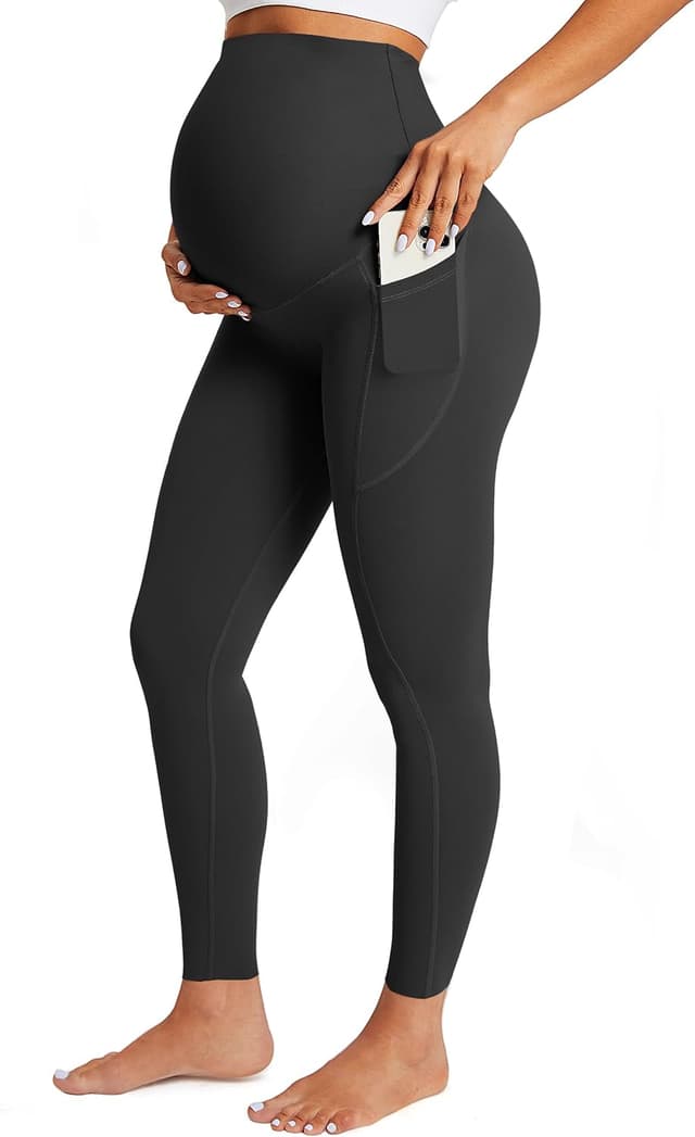 Detalle de BAYDI Nudi Umstandsleggings mit Taschen – blickdicht, hoch geschnitten und für Schwangerschaftsyoga gedacht