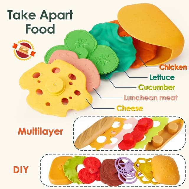 Detalle de BUYGER Pretend Play Toy Food Sets for Kids (Take Apart Hamburger, Fast Food Accessories) with Tray