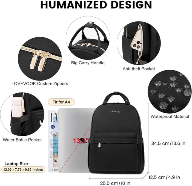 Detalle 2 de LOVEVOOK Damen Mini-Rucksack 2-in-1, wasserdicht, für 13,3" Laptop (kleiner Cityrucksack)