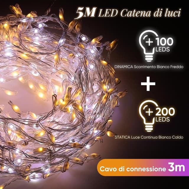 Detalle de SALCAR Luci Natale esterne 300 LED, 5 m, 14 modalità dinamiche, IP44