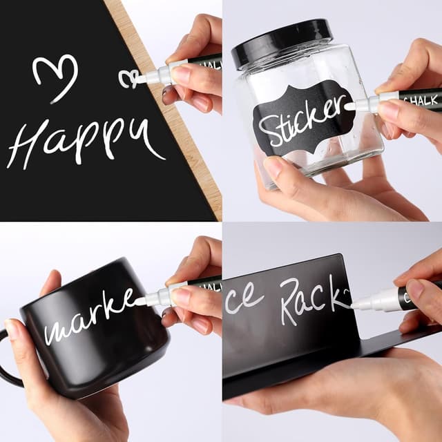 Detalle de GAINWELL White Liquid Chalk Markers (3mm & 6mm nibs) – Water-Based Wet Wipe Erasable, 4 Pack