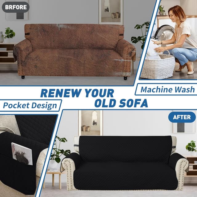 Detalle de YSTELLAA Copridivano 2 posti con braccioli impermeabile trapuntato nero