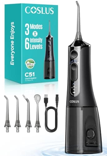 Detalle de COSLUS C51 irrigador dental bucal portátil inalámbrico con 3 modos, 18 niveles y depósito de 300 ml (IPX7)