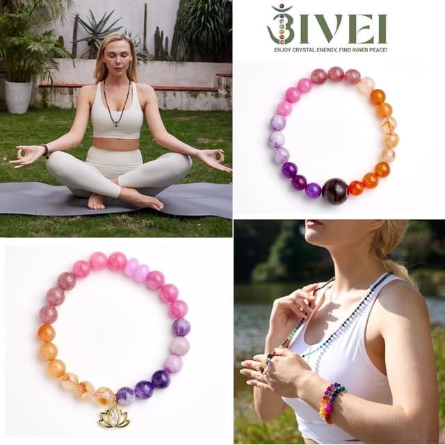 Detalle 2 de Bivei bracciali in pietra naturale con cristallo verde e charm loto, bracciali di perline 8 mm (set) per lei