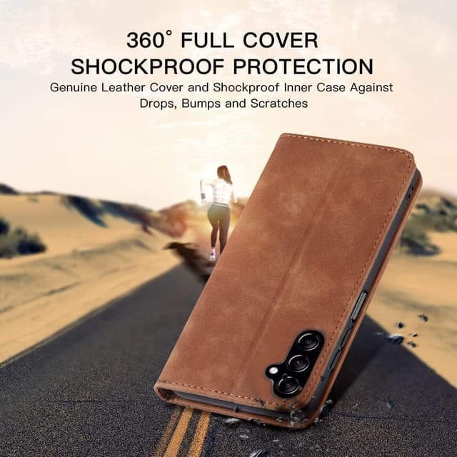 Detalle 1 de Leaisan Handyhülle für Samsung Galaxy A14 5G/4G – Leder-Flip mit Magnetverschluss, Kartenfächern und Standfunktion (braun)