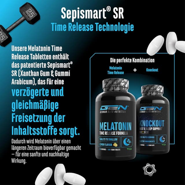 Detalle 2 de GEN German Elite Nutrition Melatonin Time Release – 365 Lutschtabletten mit Zitronengeschmack (0,5 mg) und Sepismart® SR