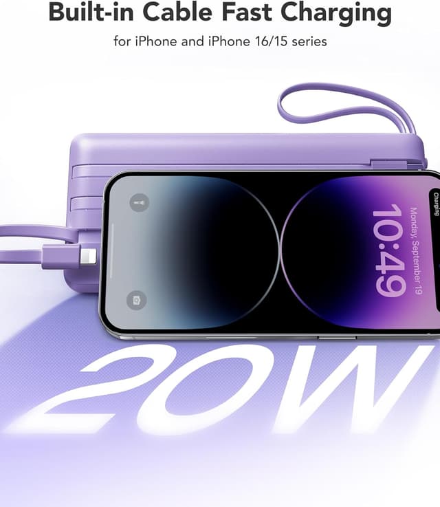 Detalle de VRURC Batterie Externe 20000 mAh avec 4 câbles intégrés et USB-C (20 W) — Violet
