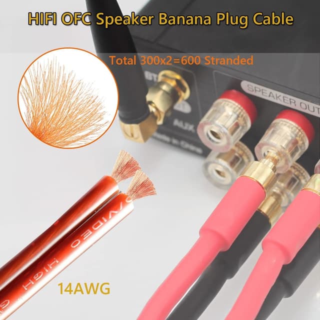 Detalle de WOWLED 2 Pack Pure Copper OFC HiFi Speaker Wire (14 AWG) with Gold-Plated Banana Plugs, 2m