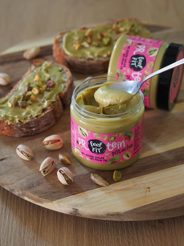 Detalle de Feel Fit Protein Creme Mix – Pistazie & Nuss Kakao-Haselnuss Aufstrich, 6×200 g, ohne Zuckerzusatz