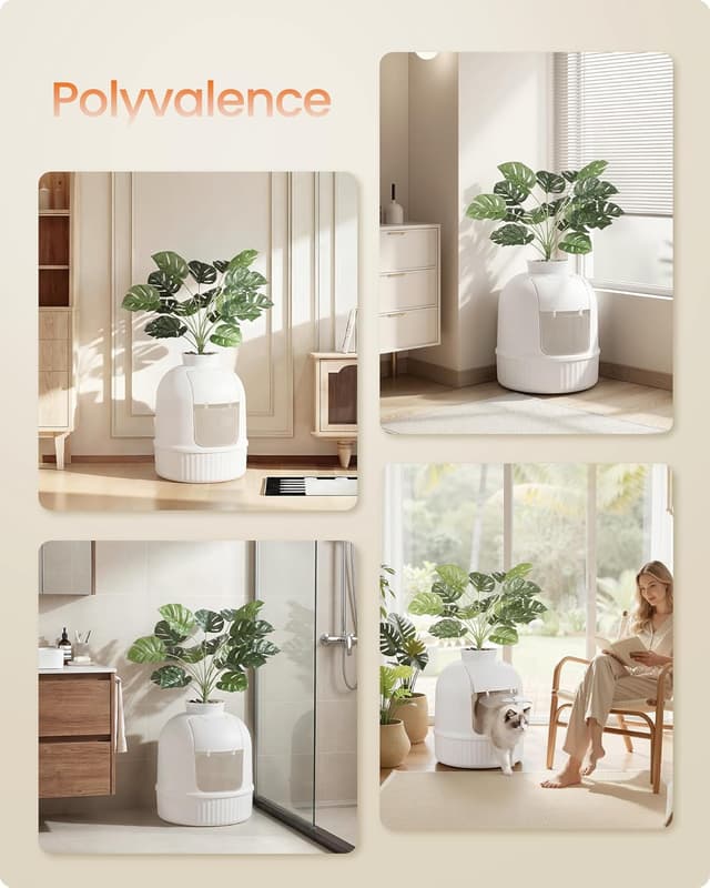 Thumbnail 6 de Meuble litière pour chat Feandrea avec fausse plante, porte basculante et filtre à charbon (blanc nuage) PPT006W101