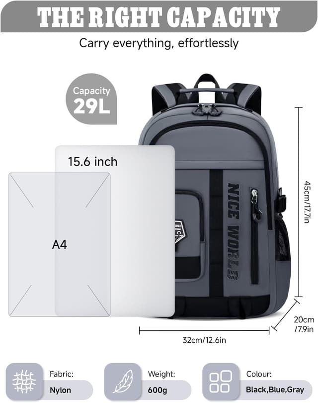 Detalle de Amythe zaino per ragazzo/adolescente impermeabile e leggero, grigio, per computer 15,6