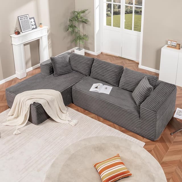 Detalle 2 de COMHOMA Canapé d’angle en forme de L modulable 3 places en velours côtelé gris