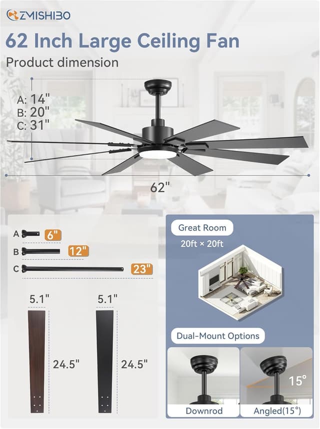 Thumbnail 3 de ZMISHIBO 62 Inch Large Ceiling Fan with Lights