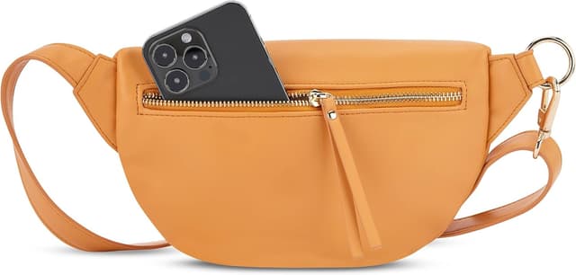 Detalle 2 de Expatrié Alice Small Damen-Bauchtasche in Orange – wasserabweisende Gürteltasche aus veganem Leder mit verstellbarem Riemen